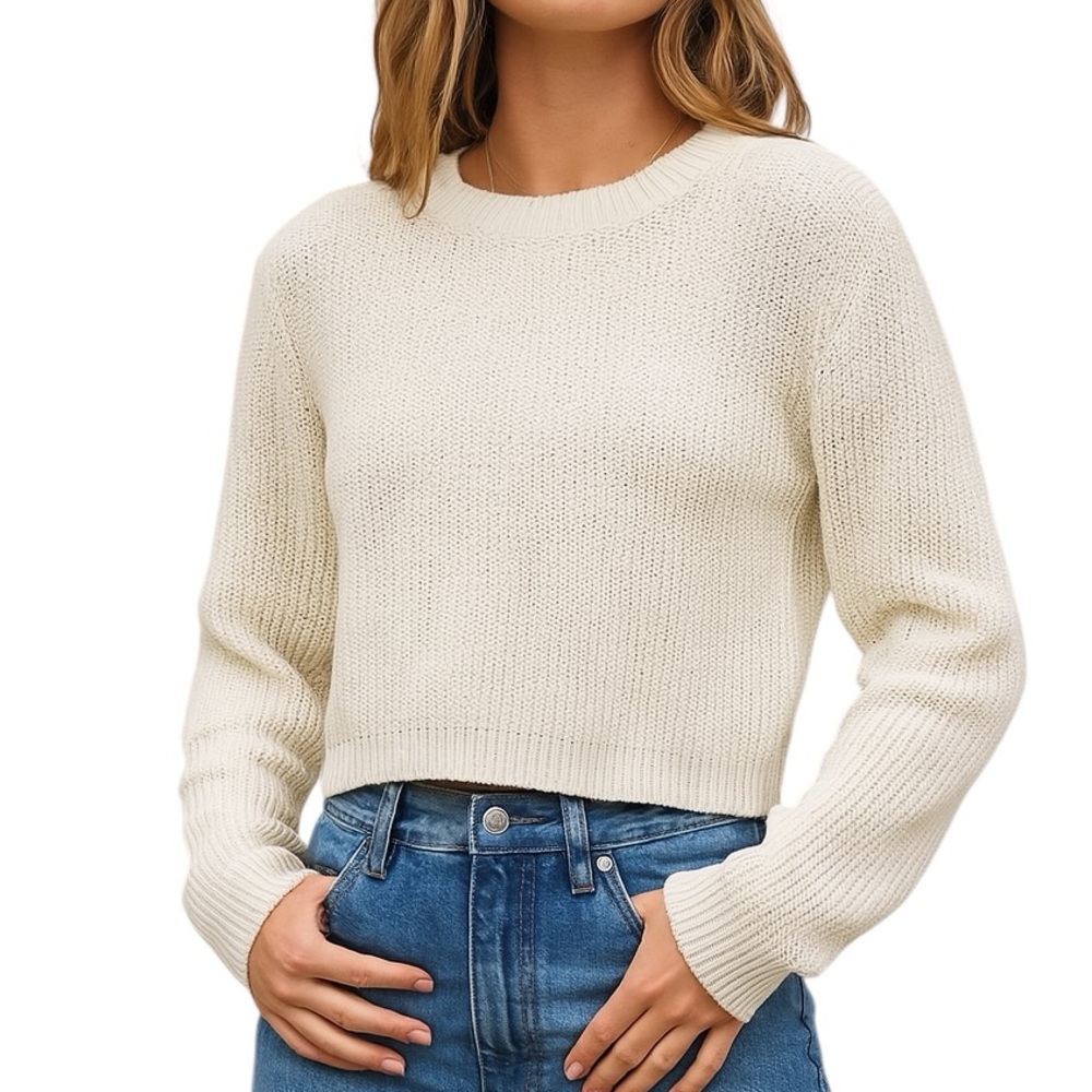 Color Block White Knit Sweater Classic Crewneck Long Sleeve Pullover Cozy